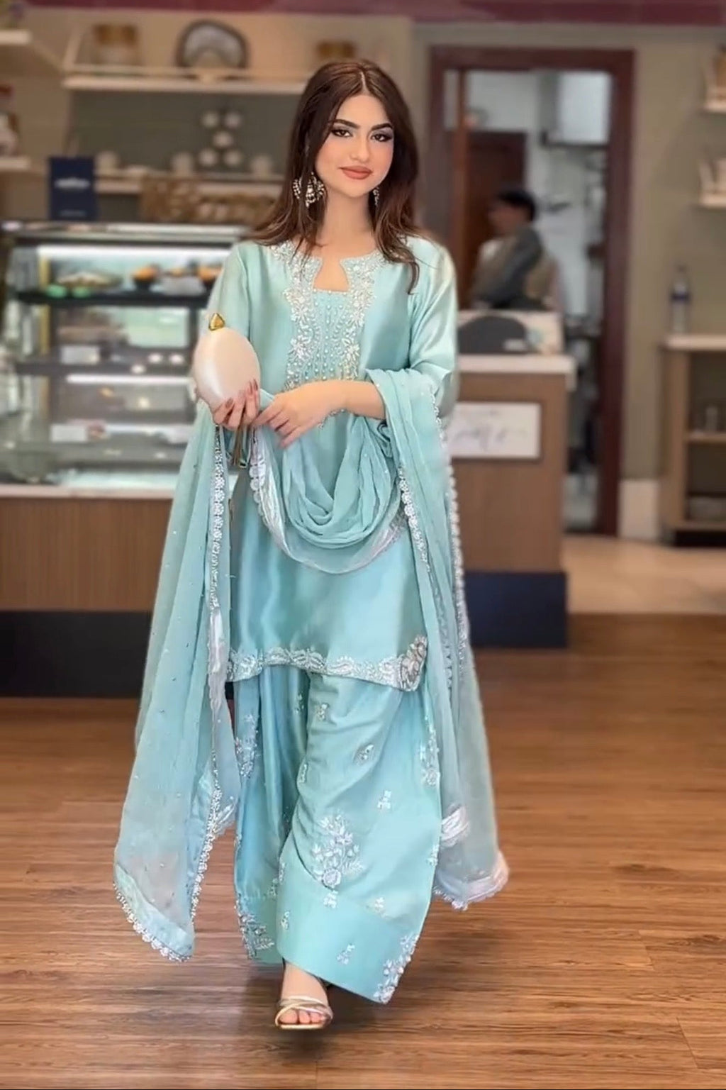 Silk Embroidered Top with Farshi Palazzo and Organza Dupatta Set