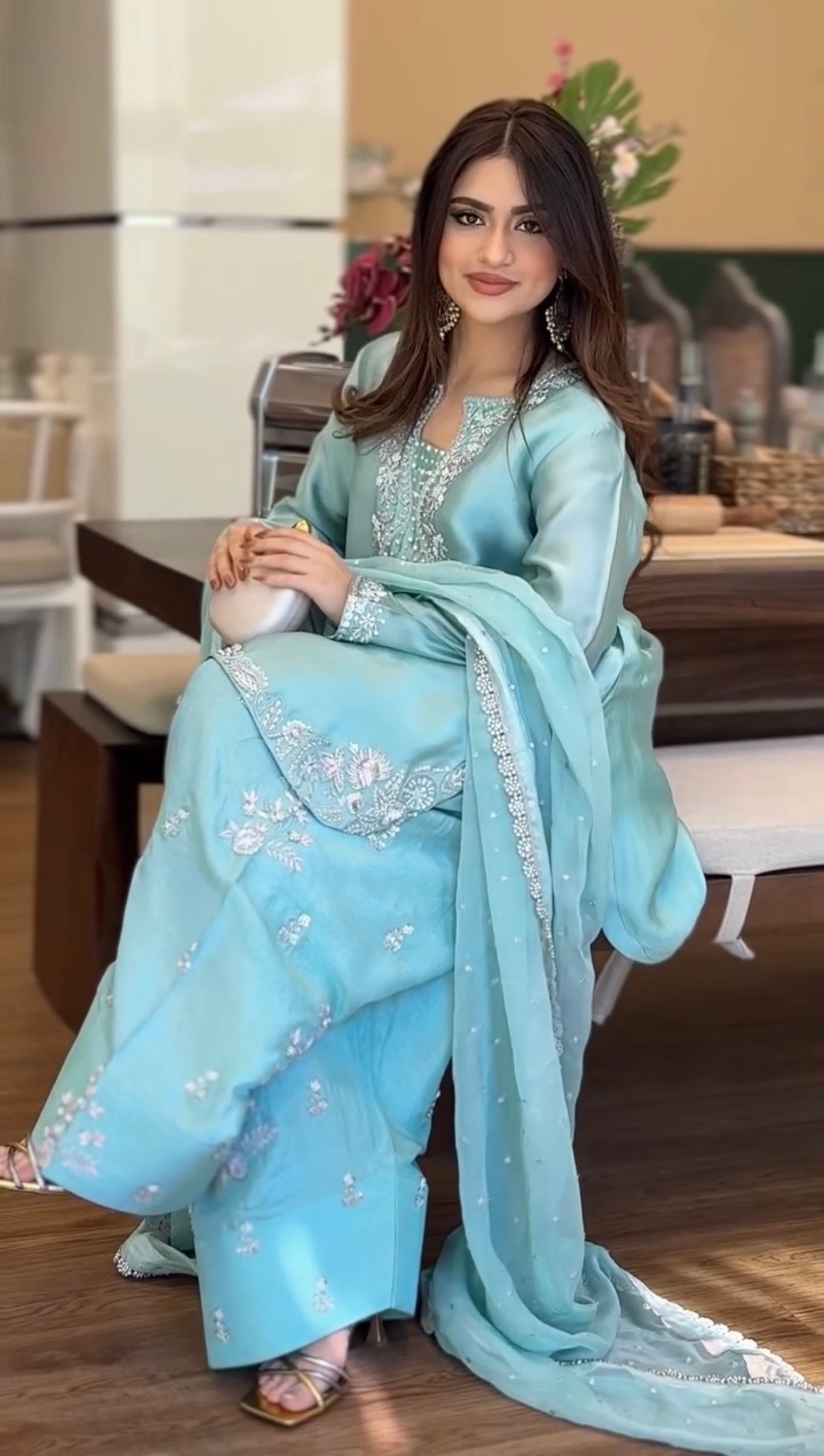 Silk Embroidered Top with Farshi Palazzo and Organza Dupatta Set