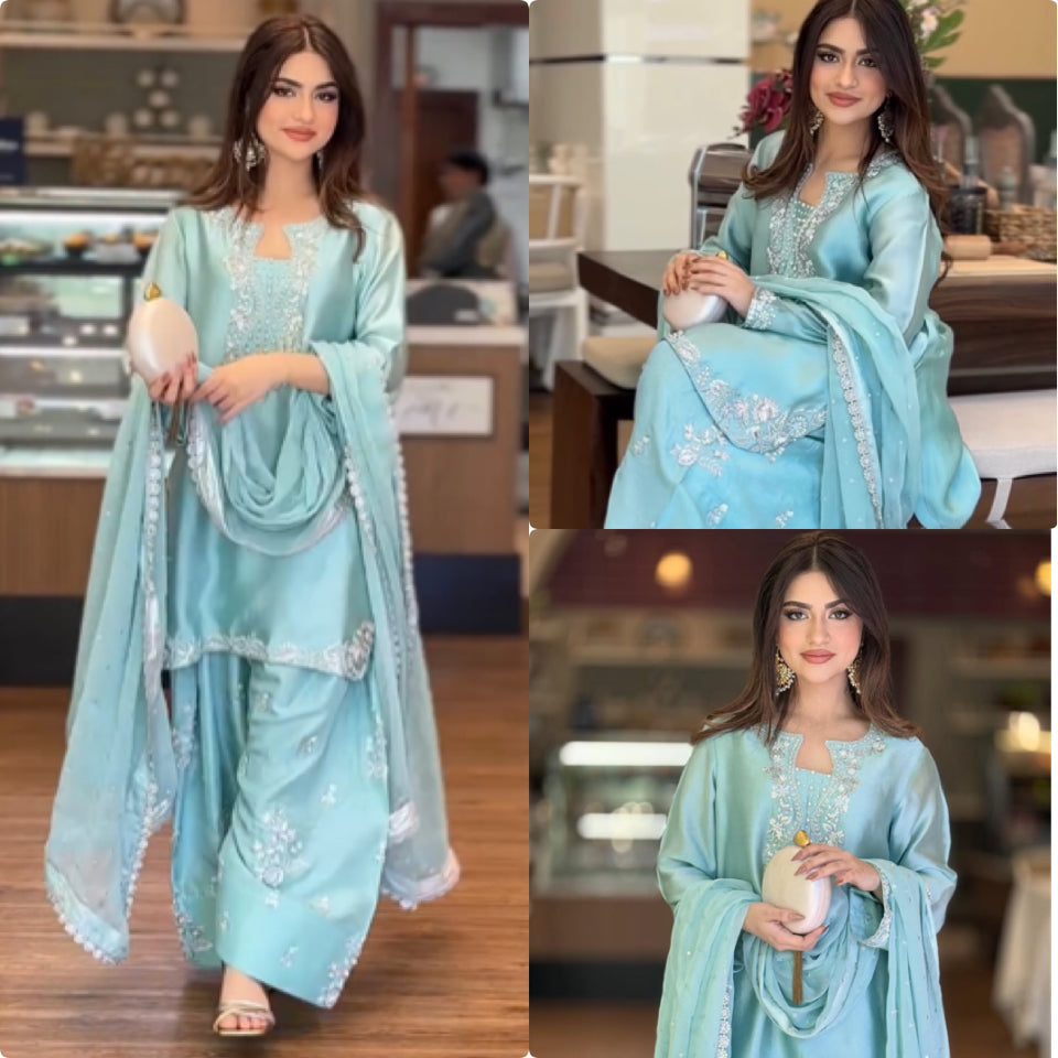 Silk Embroidered Top with Farshi Palazzo and Organza Dupatta Set