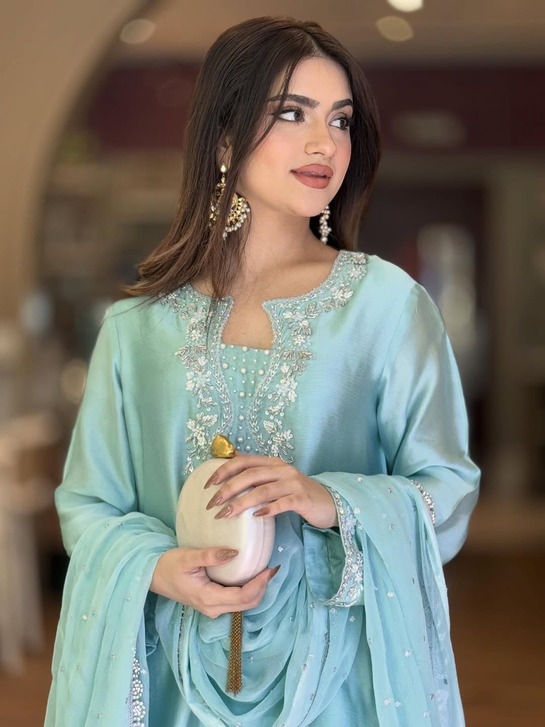 Silk Embroidered Top with Farshi Palazzo and Organza Dupatta Set
