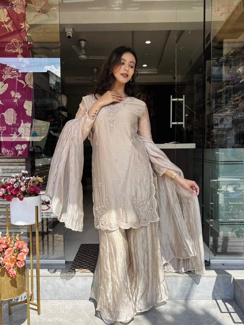 3 Piece Suit Set –  Silk Kurta, Palazzo & Dupatta with Embroidery