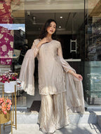 3 Piece Suit Set –  Silk Kurta, Palazzo & Dupatta with Embroidery