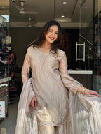 3 Piece Suit Set –  Silk Kurta, Palazzo & Dupatta with Embroidery