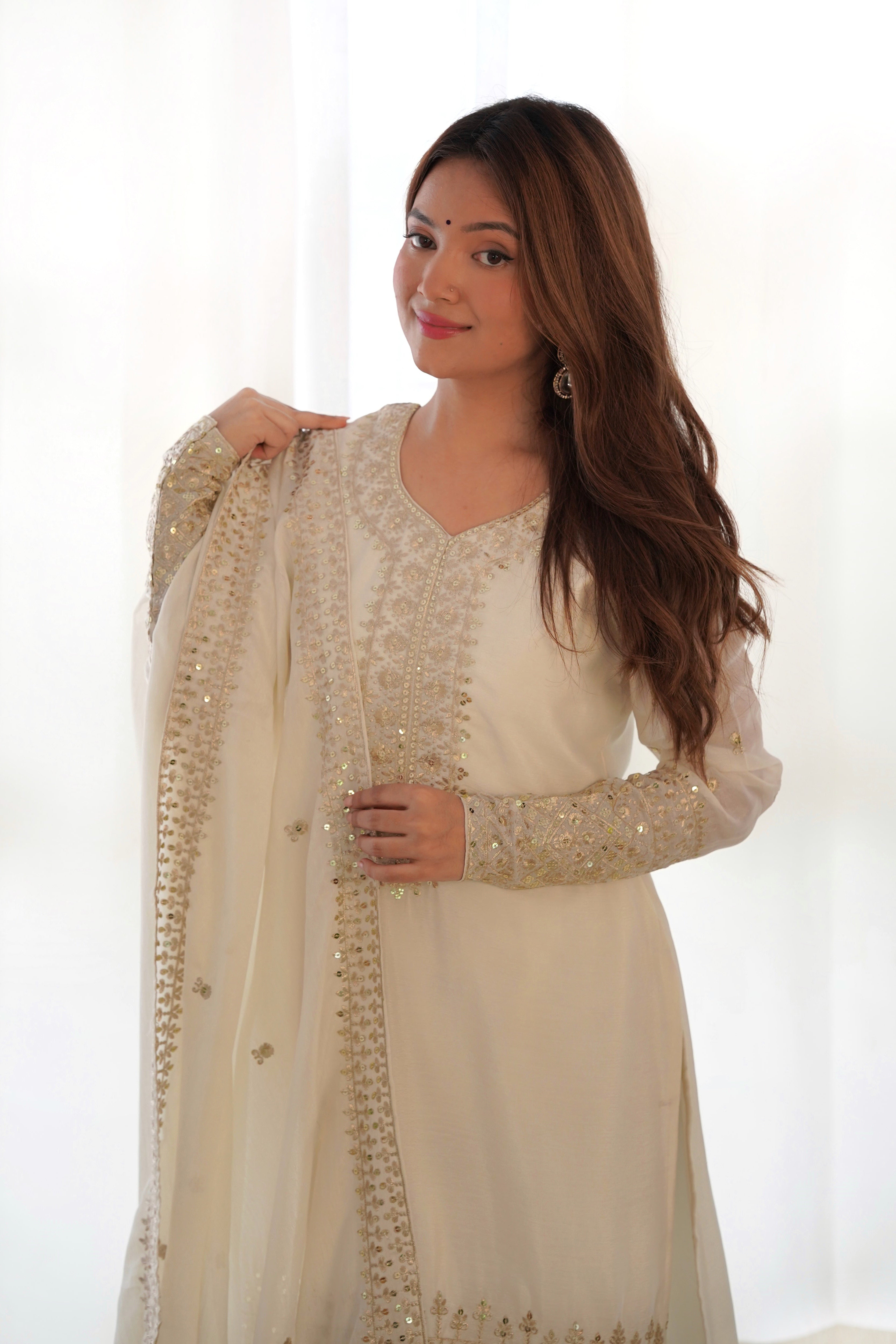 Pure Chinon Silk Embroidered Straight Kurta Set with Trousers and Dupatta
