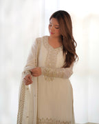 Pure Chinon Silk Embroidered Straight Kurta Set with Trousers and Dupatta