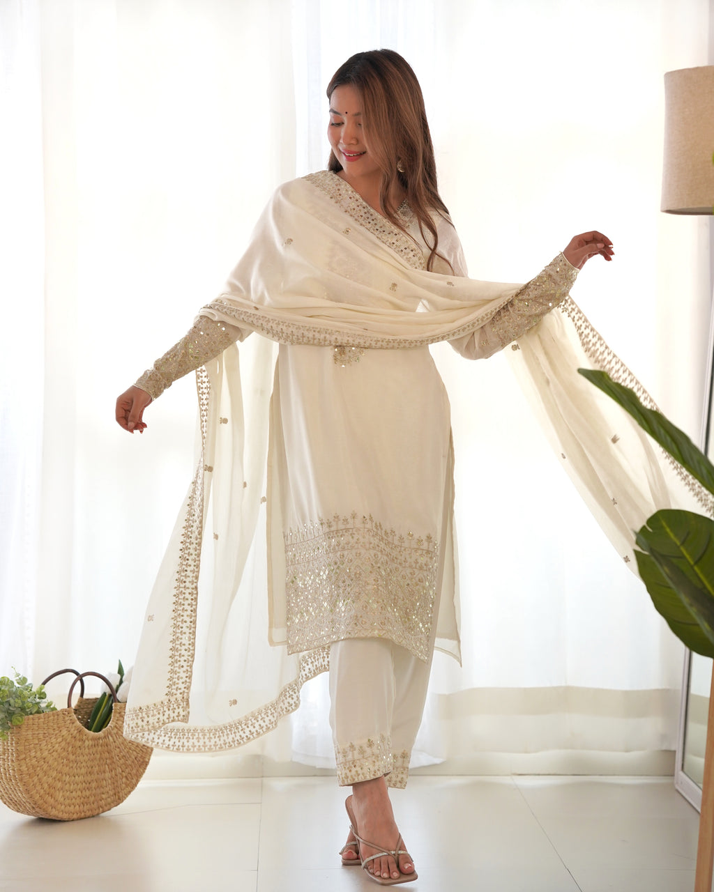 Pure Chinon Silk Embroidered Straight Kurta Set with Trousers and Dupatta