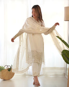 Pure Chinon Silk Embroidered Straight Kurta Set with Trousers and Dupatta