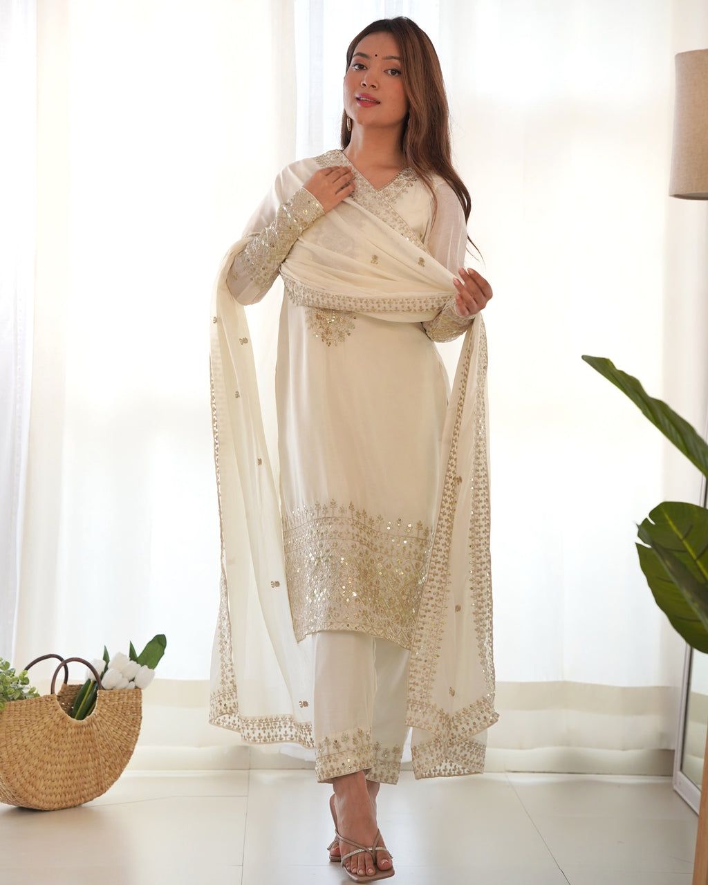 Pure Chinon Silk Embroidered Straight Kurta Set with Trousers and Dupatta