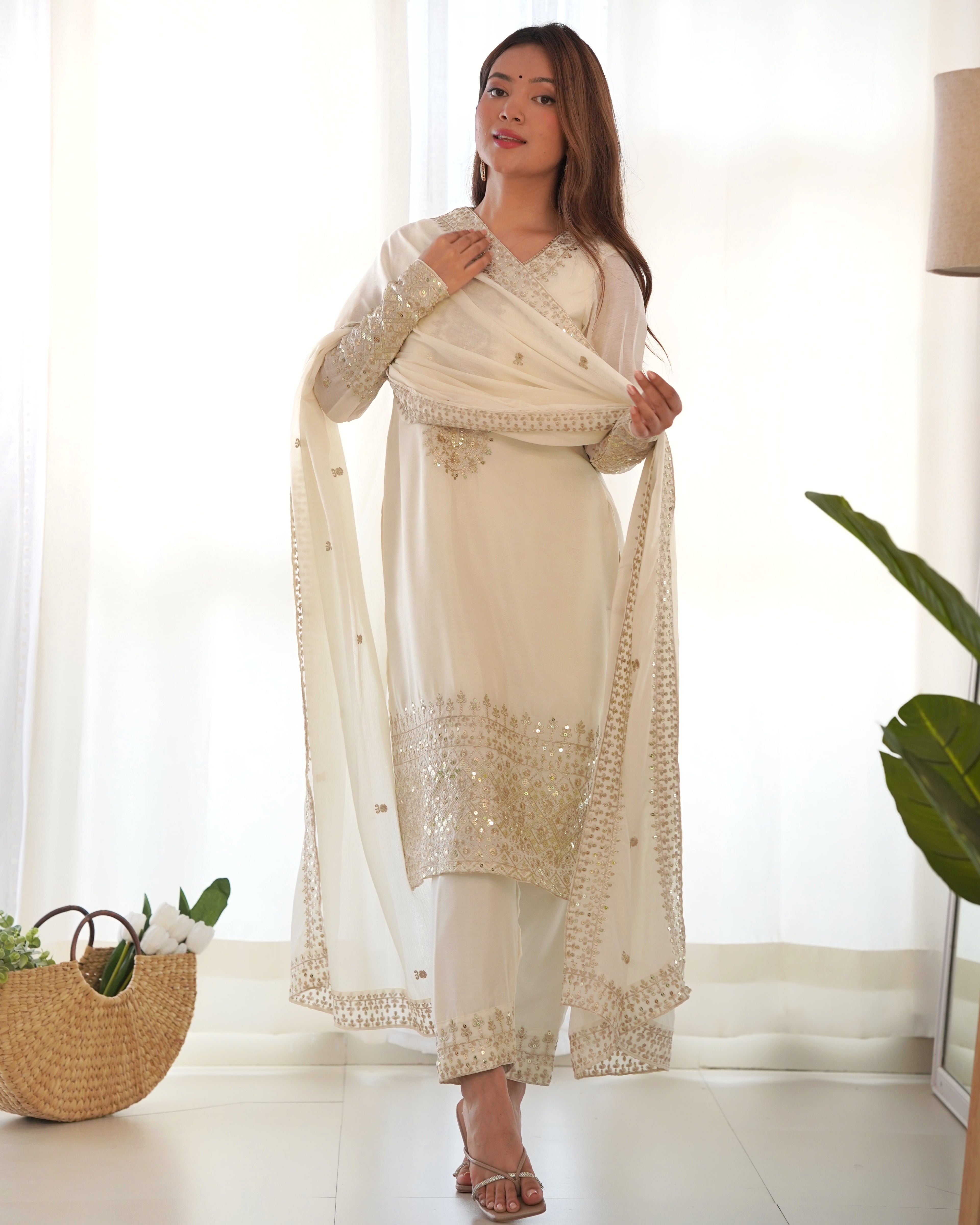 Pure Chinon Silk Embroidered Straight Kurta Set with Trousers and Dupatta