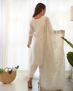 Pure Chinon Silk Embroidered Straight Kurta Set with Trousers and Dupatta