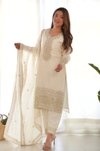 Pure Chinon Silk Embroidered Straight Kurta Set with Trousers and Dupatta