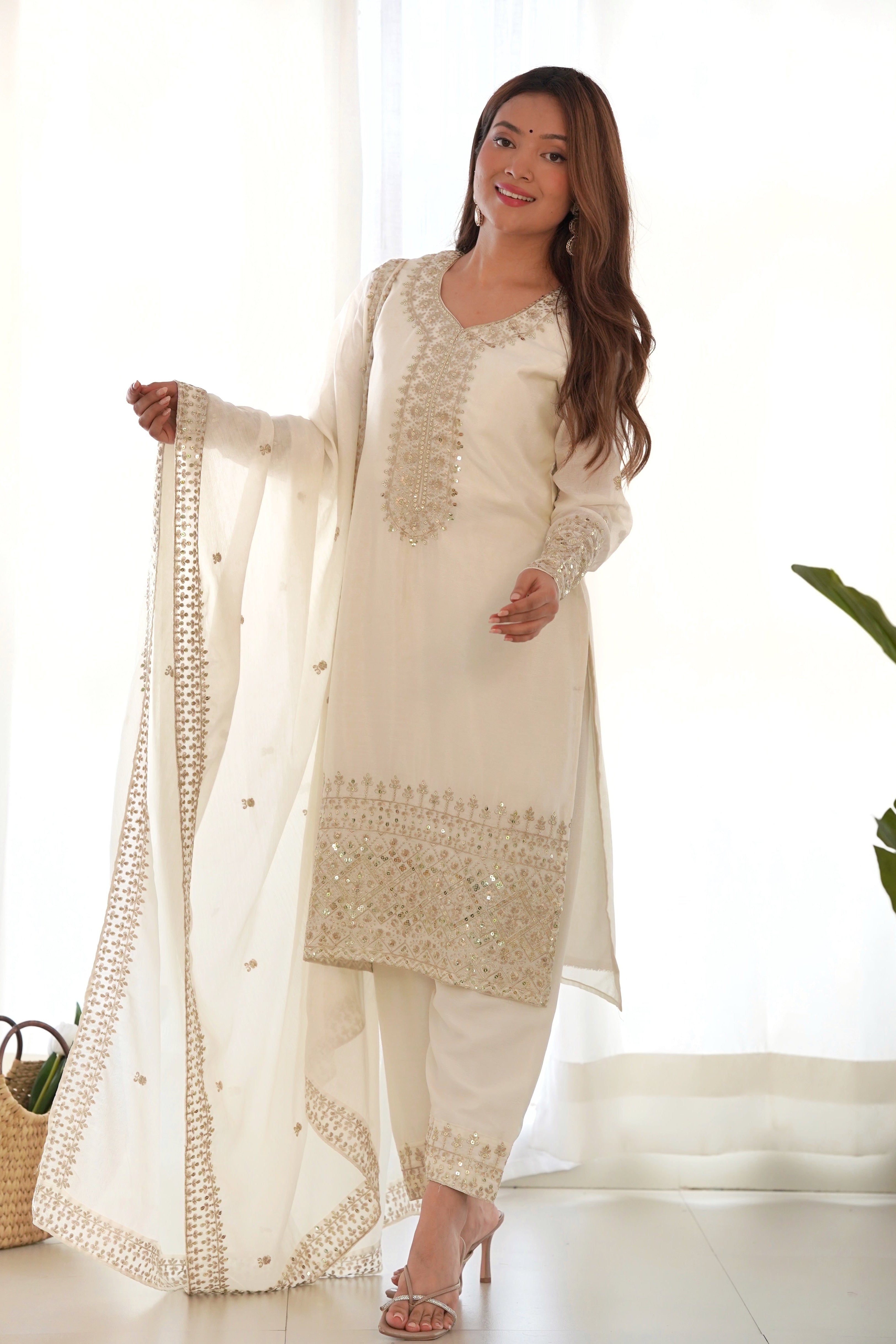 Pure Chinon Silk Embroidered Straight Kurta Set with Trousers and Dupatta