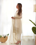 Pure Chinon Silk Embroidered Straight Kurta Set with Trousers and Dupatta