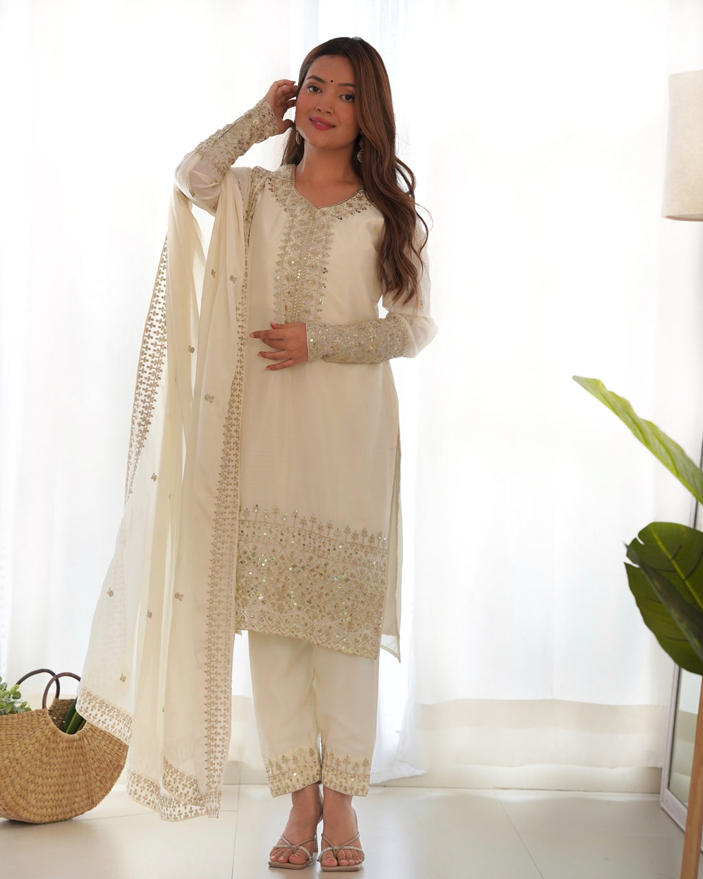 Pure Chinon Silk Embroidered Straight Kurta Set with Trousers and Dupatta