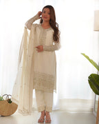 Pure Chinon Silk Embroidered Straight Kurta Set with Trousers and Dupatta