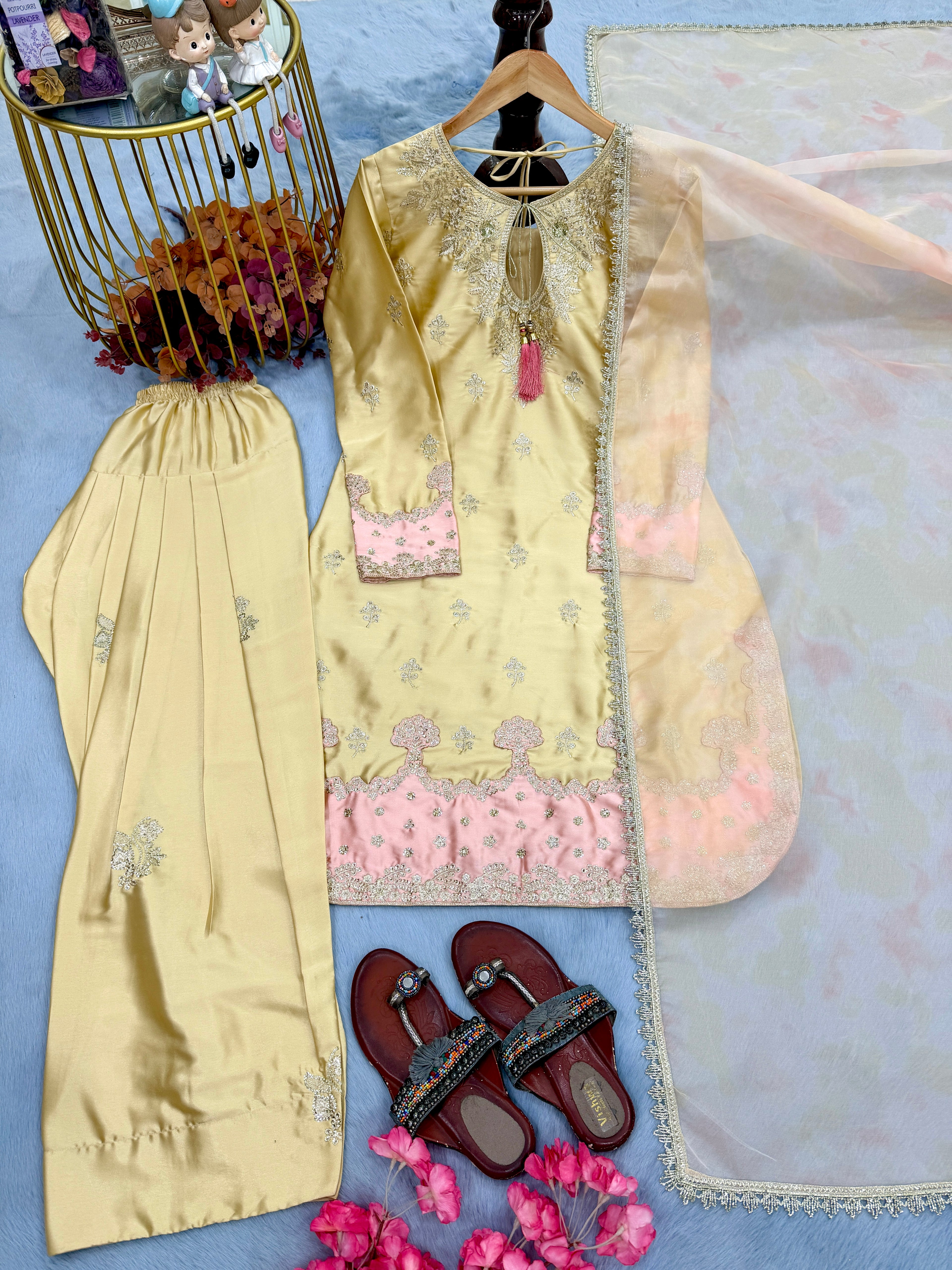 Farshi Palazzo Suit Set with Embroidered Kurti & Organza Dupatta