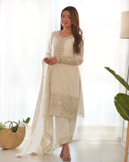 Pure Chinon Silk Embroidered Straight Kurta Set with Trousers and Dupatta