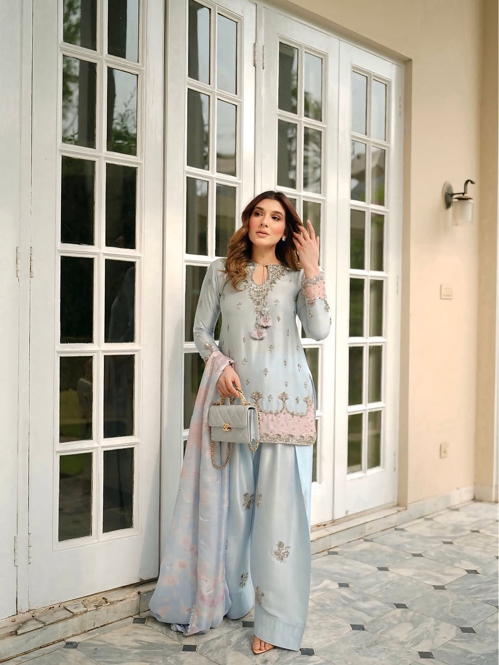 Farshi Palazzo Suit Set with Embroidered Kurti & Organza Dupatta