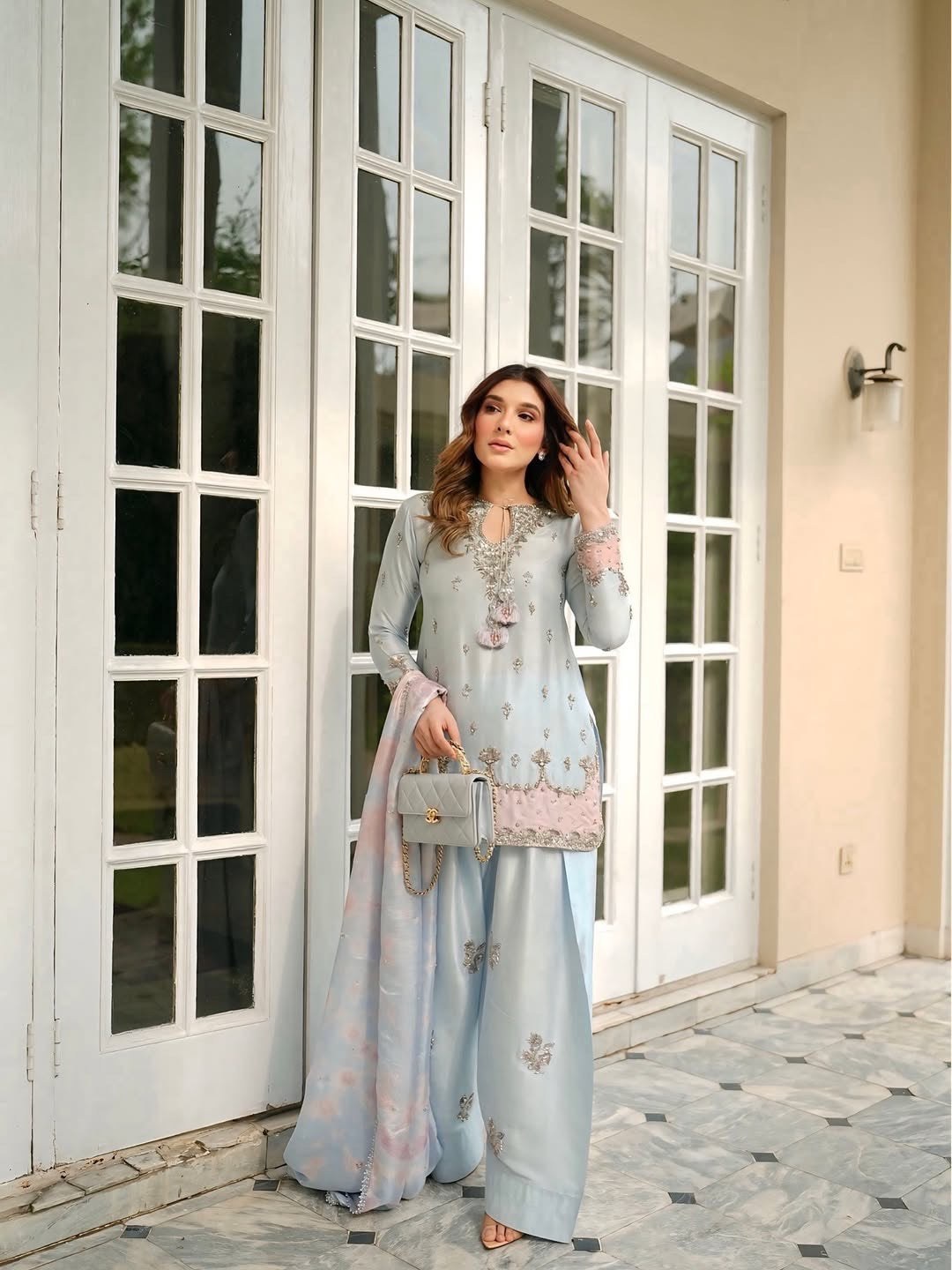 Farshi Palazzo Suit Set with Embroidered Kurti & Organza Dupatta