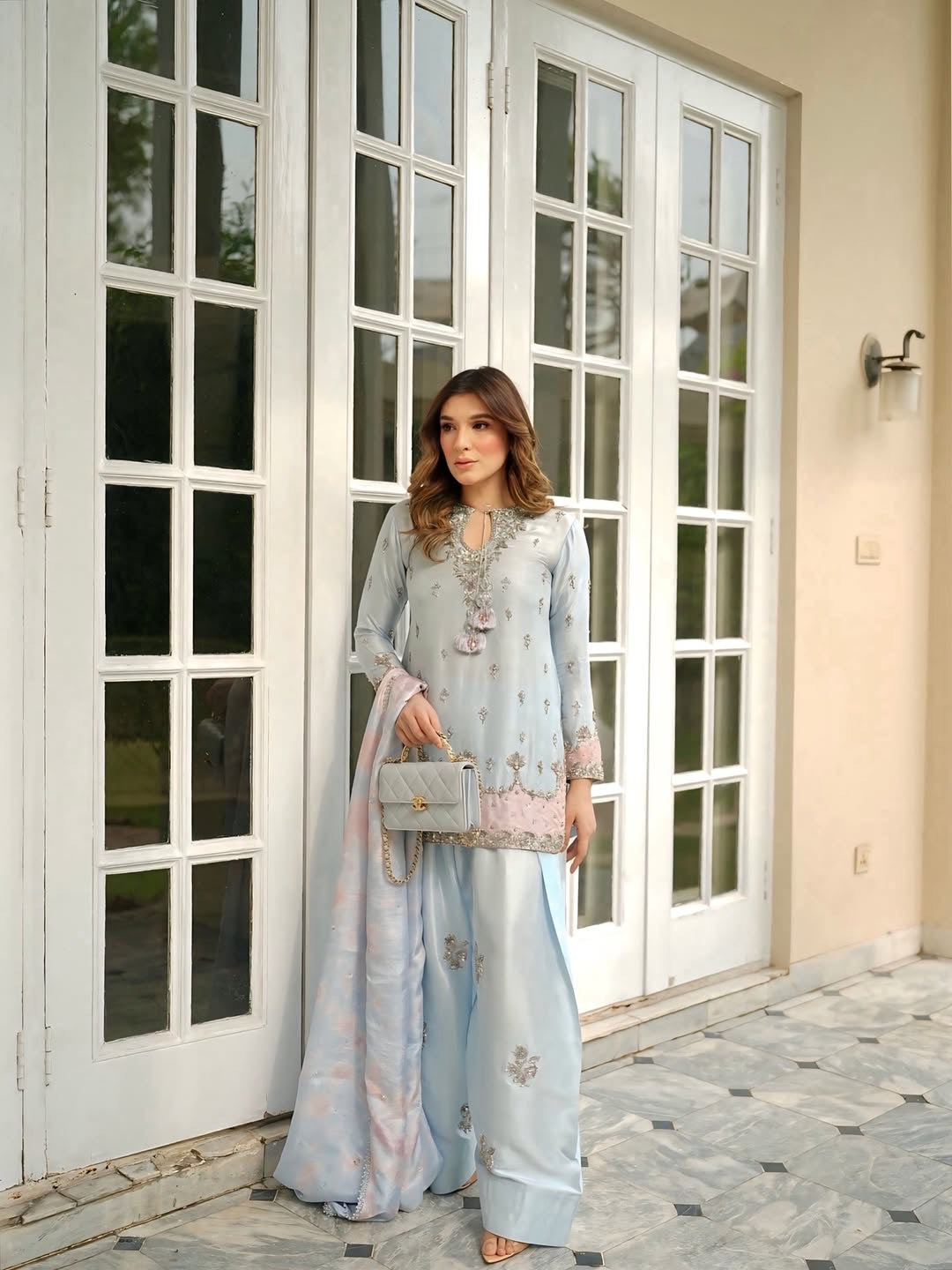 Farshi Palazzo Suit Set with Embroidered Kurti & Organza Dupatta