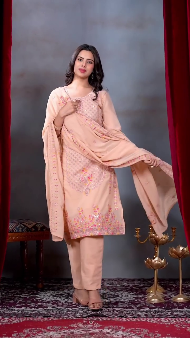 Heavy Embroidery Sequence Work Top Pant Dupatta Set for Women  Faux Georgette Suit