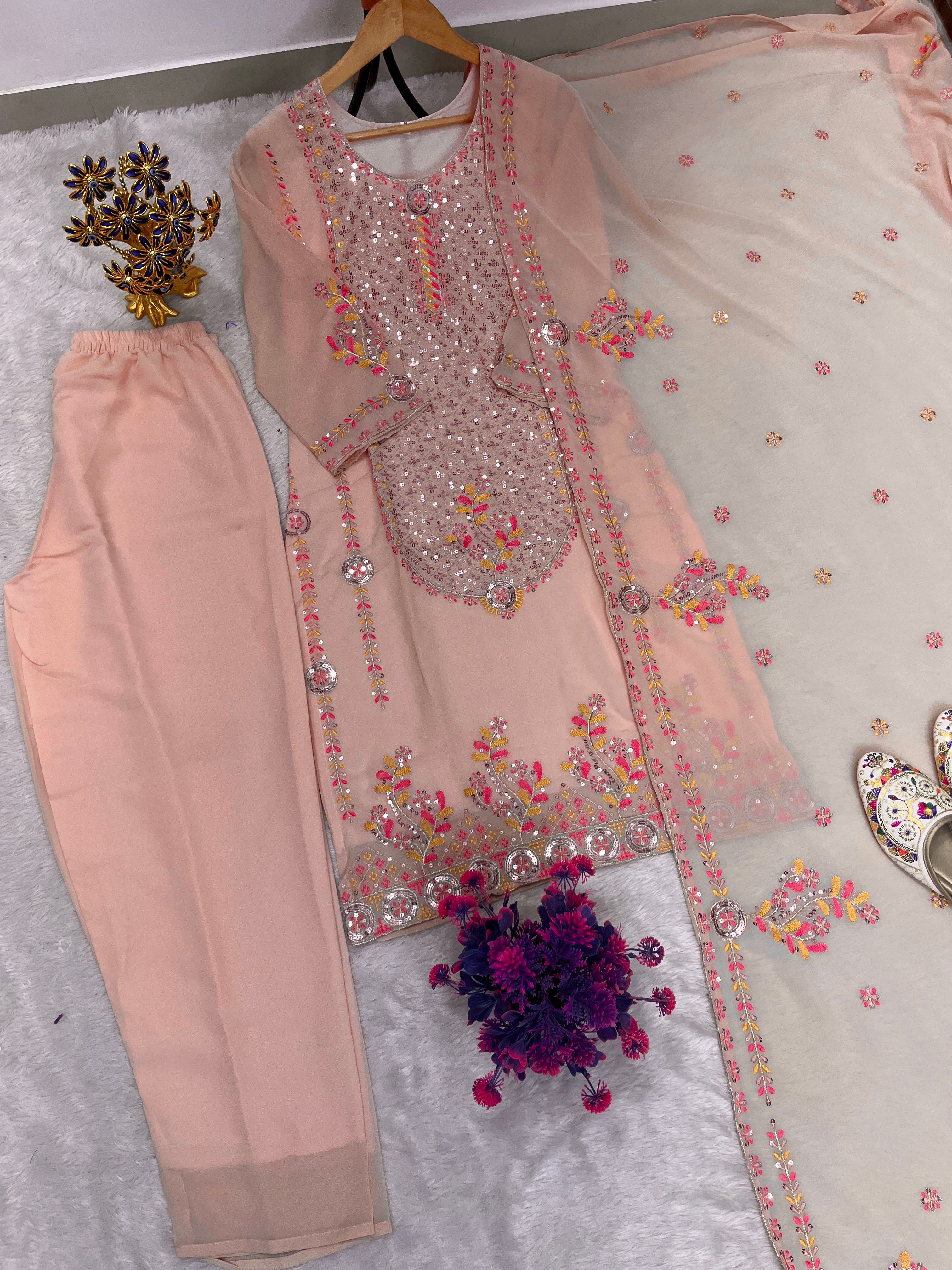 Heavy Embroidery Sequence Work Top Pant Dupatta Set for Women  Faux Georgette Suit