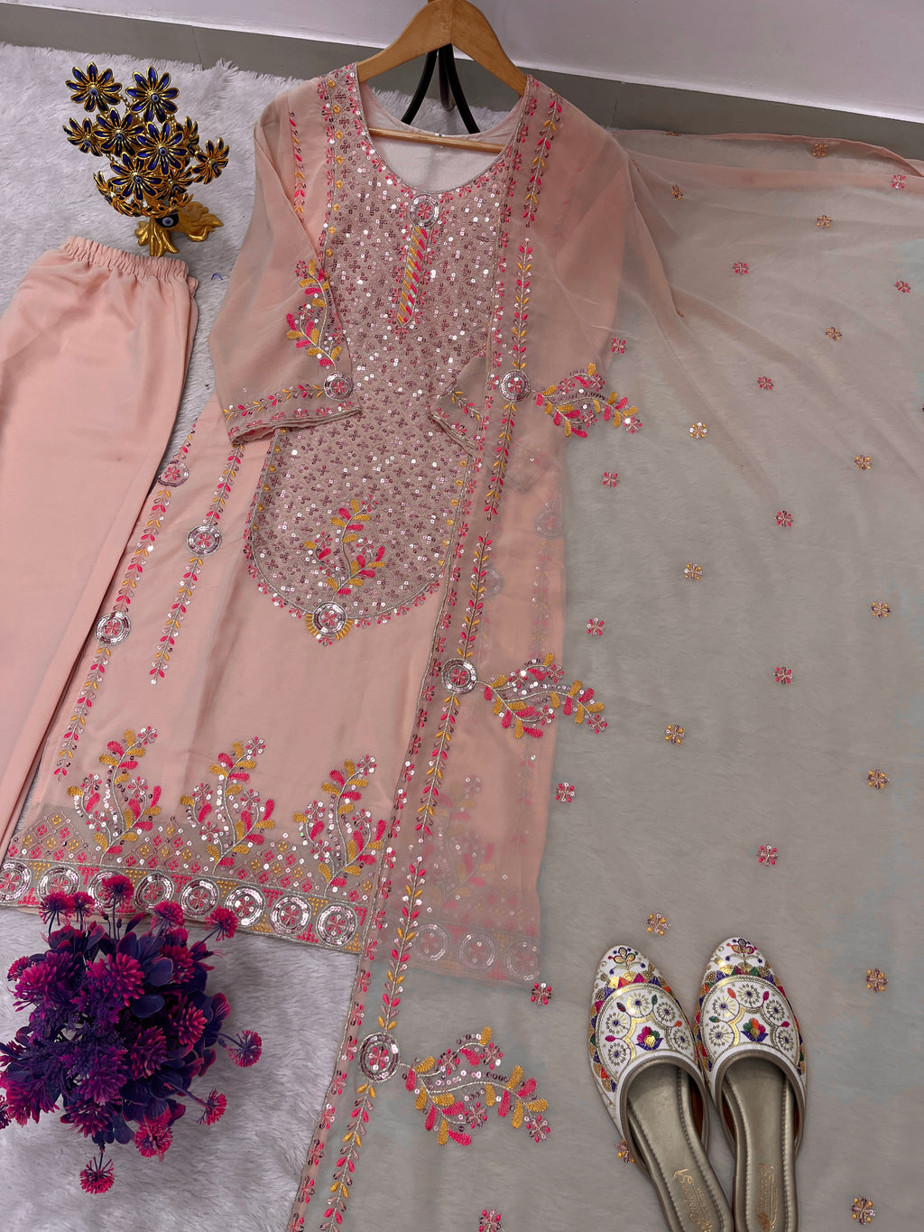 Heavy Embroidery Sequence Work Top Pant Dupatta Set for Women  Faux Georgette Suit