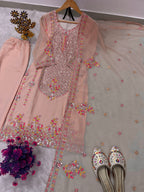 Heavy Embroidery Sequence Work Top Pant Dupatta Set for Women  Faux Georgette Suit