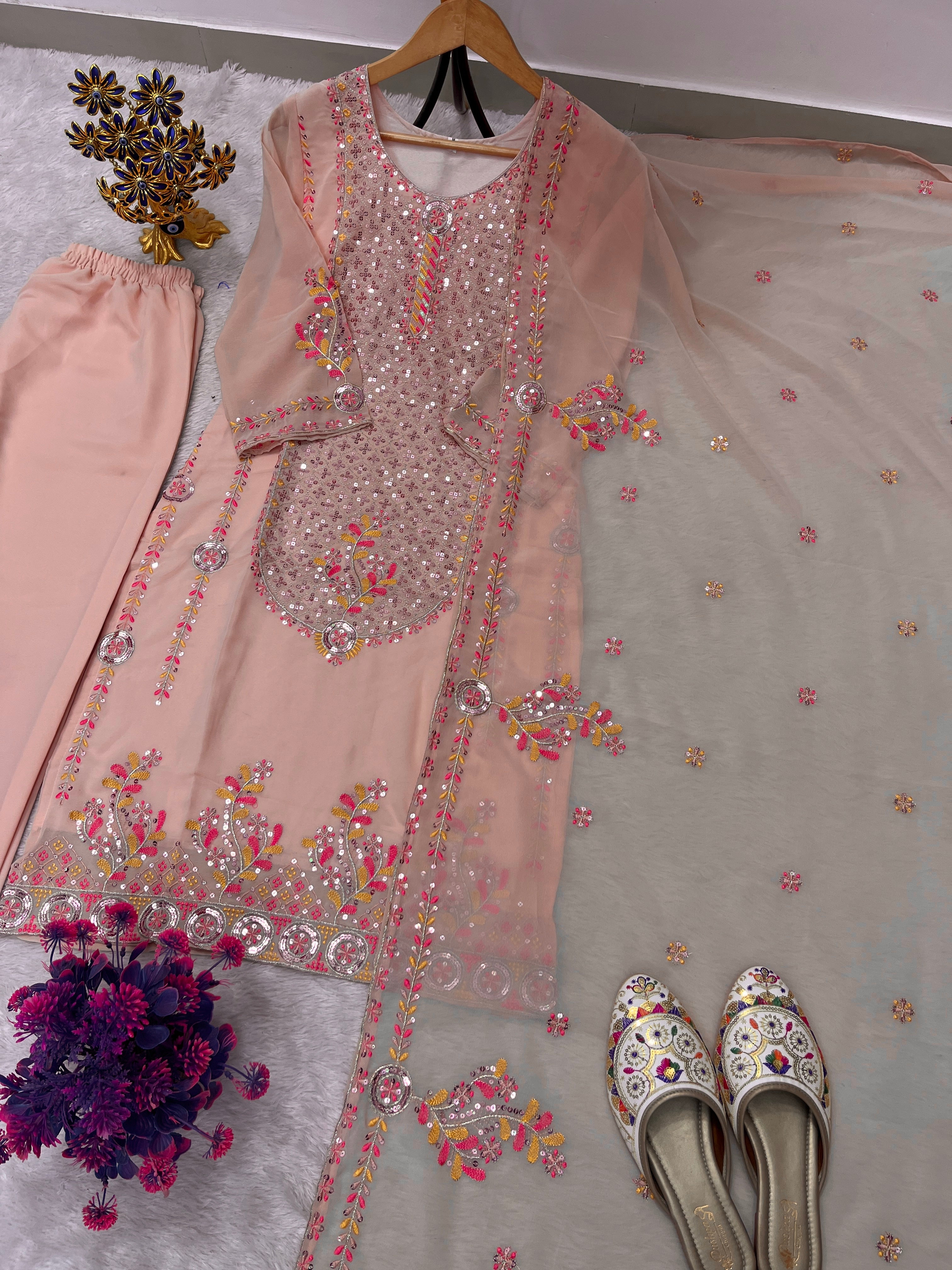 Heavy Embroidery Sequence Work Top Pant Dupatta Set for Women  Faux Georgette Suit