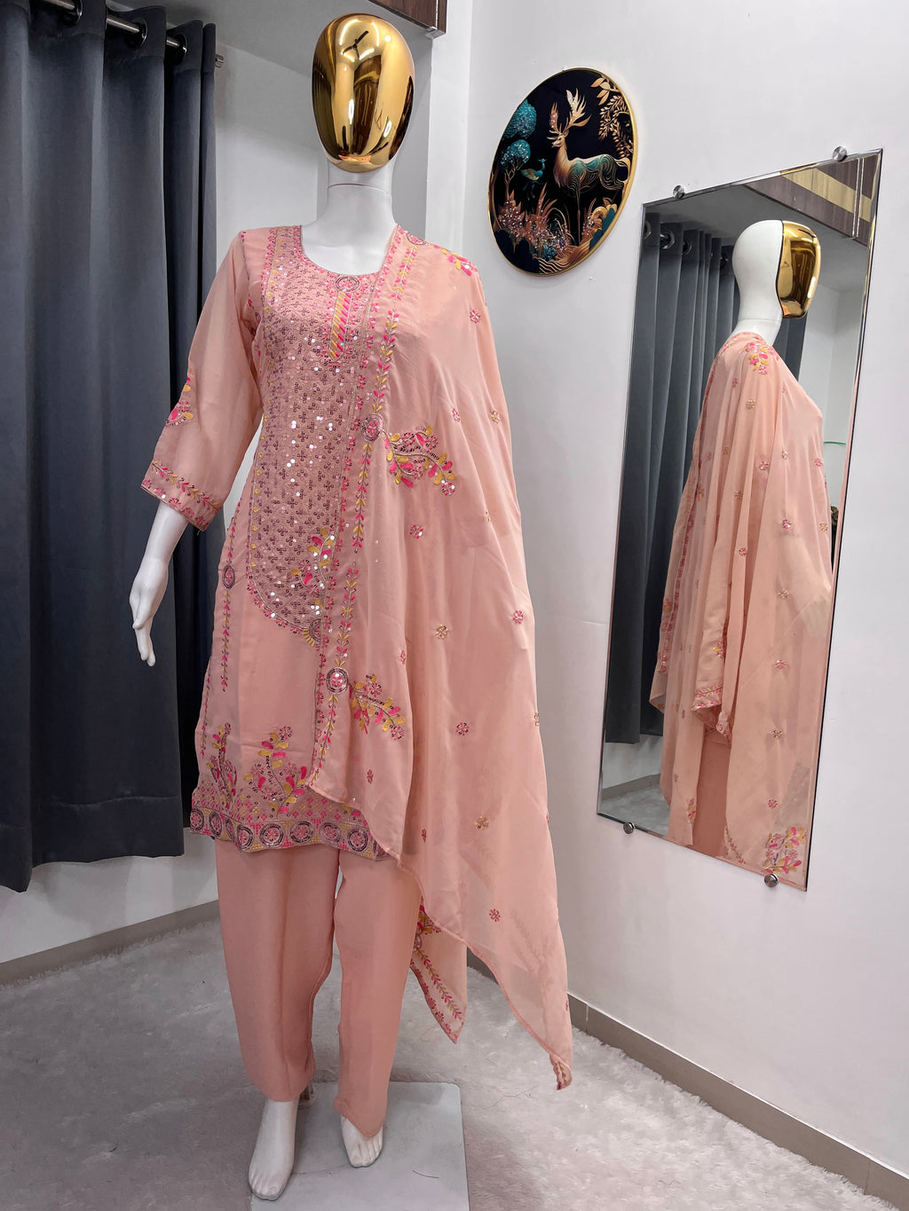 Heavy Embroidery Sequence Work Top Pant Dupatta Set for Women  Faux Georgette Suit