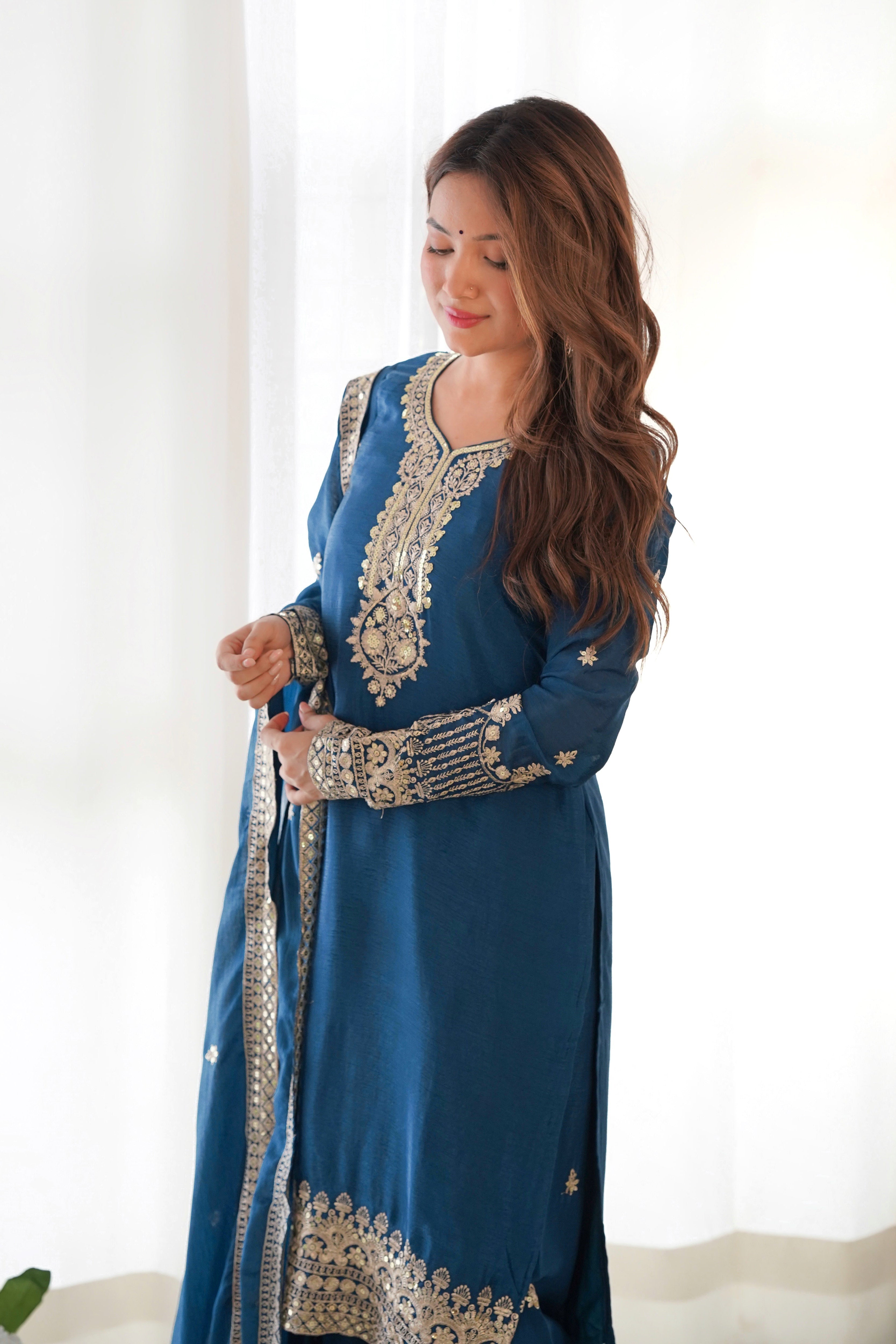 Pure Chinon Silk Embroidered Straight Kurta Set with Trousers and Dupatta