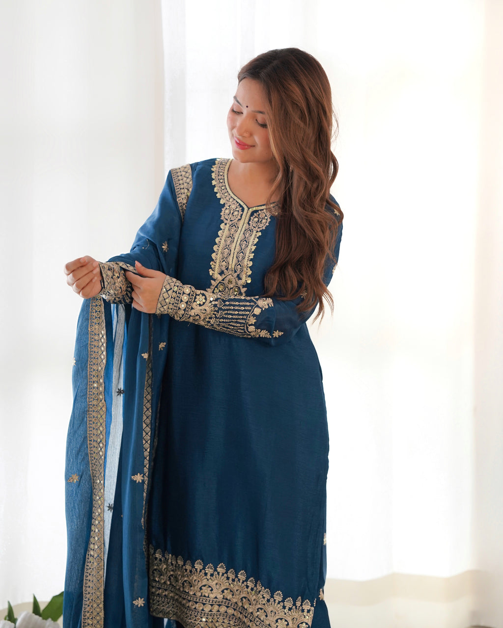 Pure Chinon Silk Embroidered Straight Kurta Set with Trousers and Dupatta