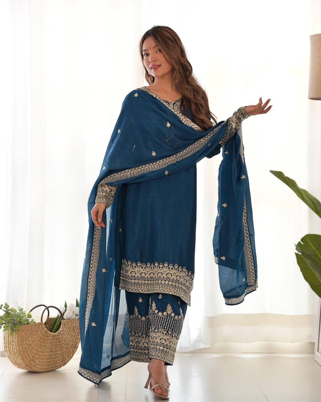 Pure Chinon Silk Embroidered Straight Kurta Set with Trousers and Dupatta