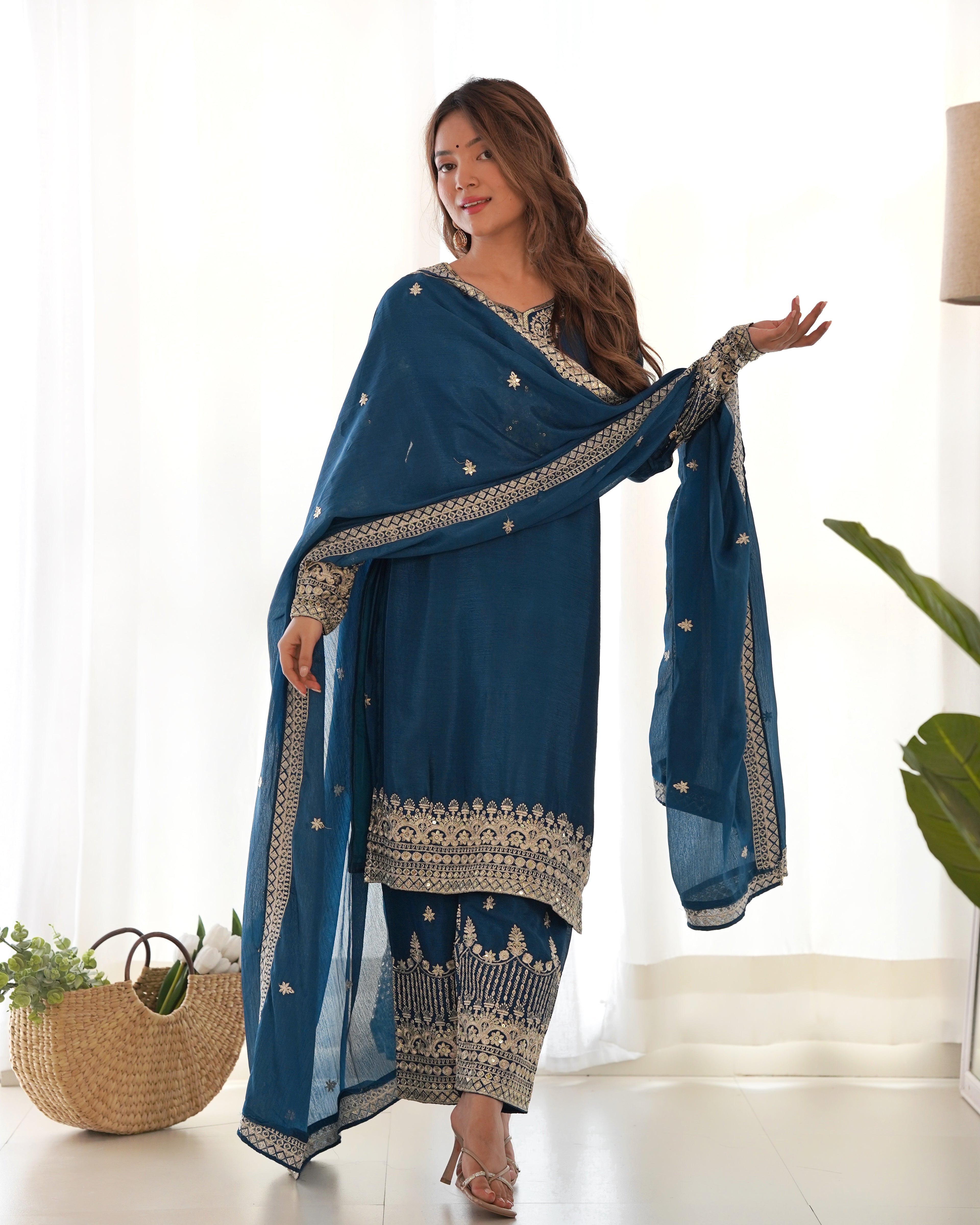 Pure Chinon Silk Embroidered Straight Kurta Set with Trousers and Dupatta