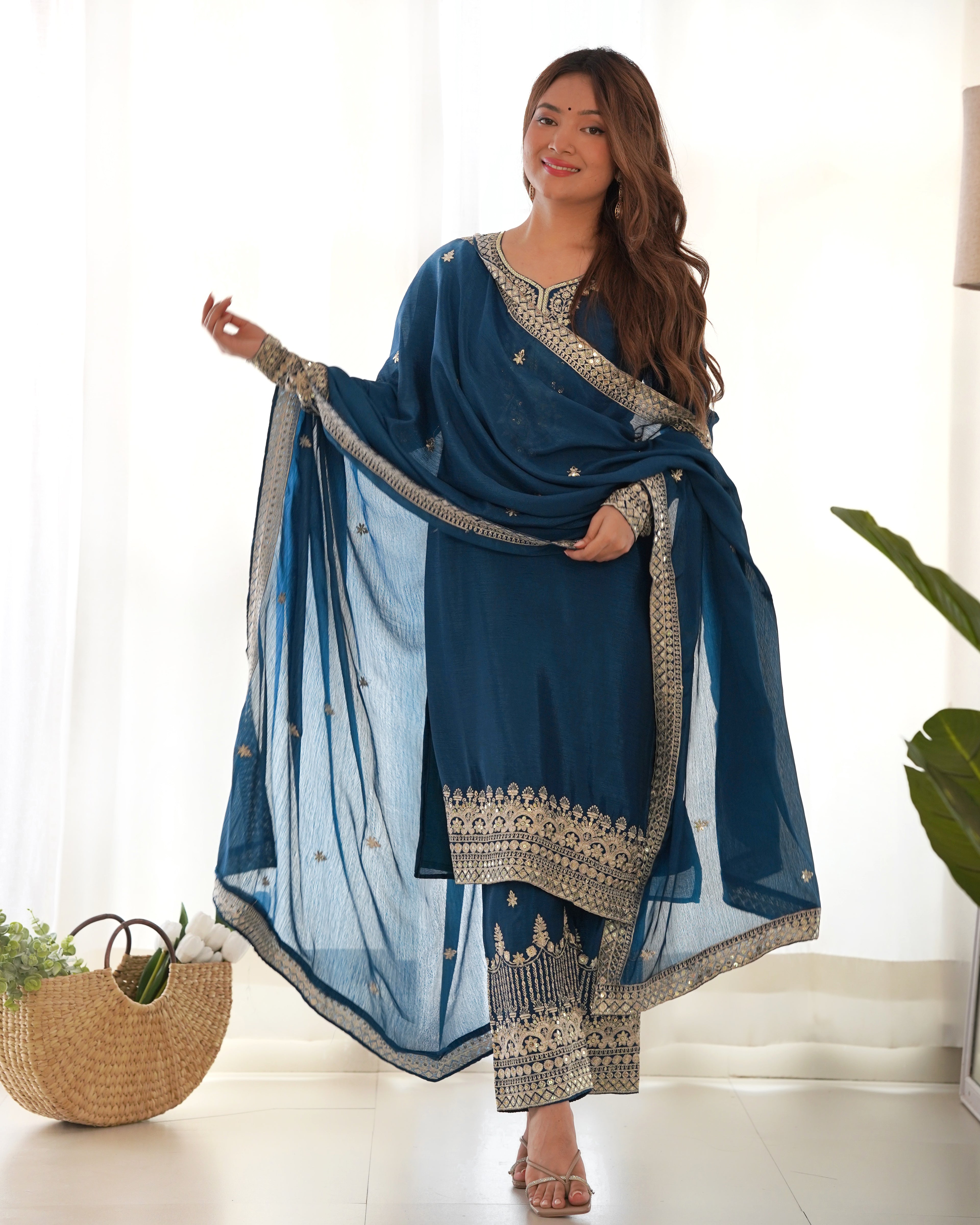 Pure Chinon Silk Embroidered Straight Kurta Set with Trousers and Dupatta