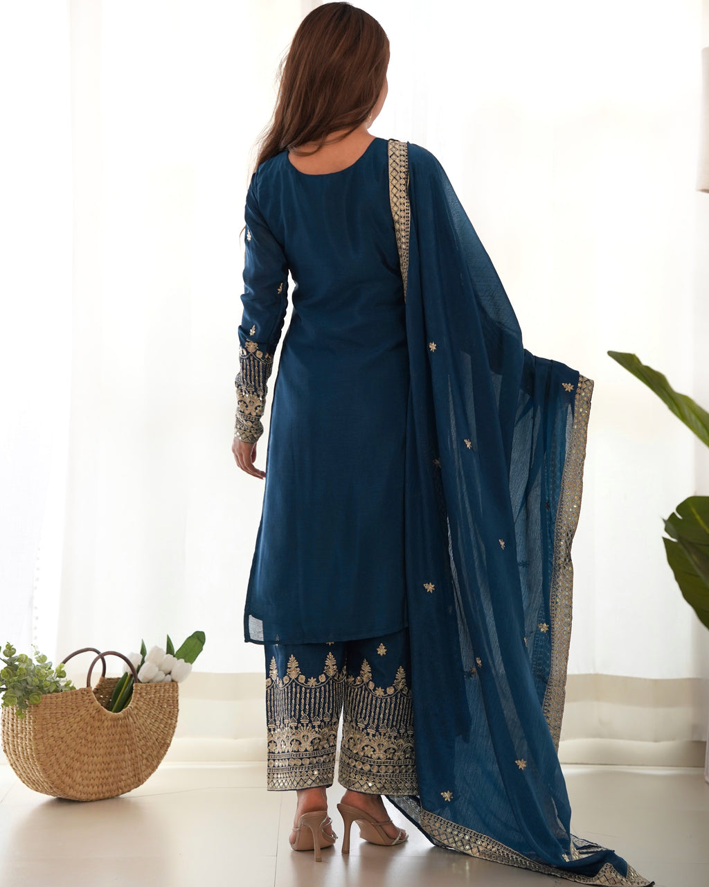 Pure Chinon Silk Embroidered Straight Kurta Set with Trousers and Dupatta