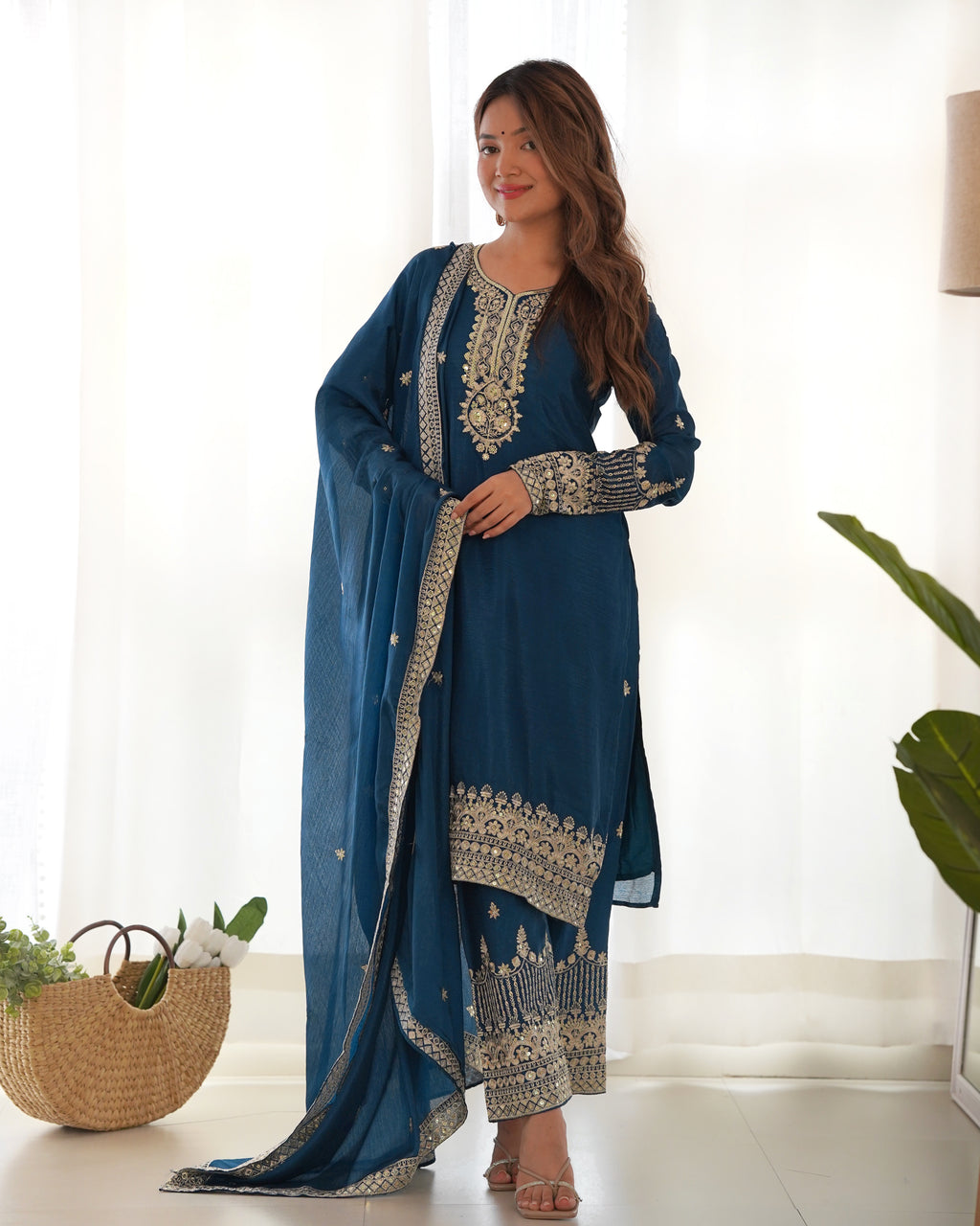 Pure Chinon Silk Embroidered Straight Kurta Set with Trousers and Dupatta