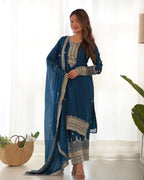 Pure Chinon Silk Embroidered Straight Kurta Set with Trousers and Dupatta