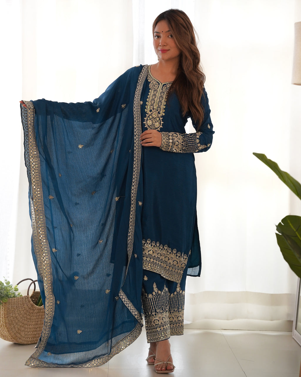 Pure Chinon Silk Embroidered Straight Kurta Set with Trousers and Dupatta
