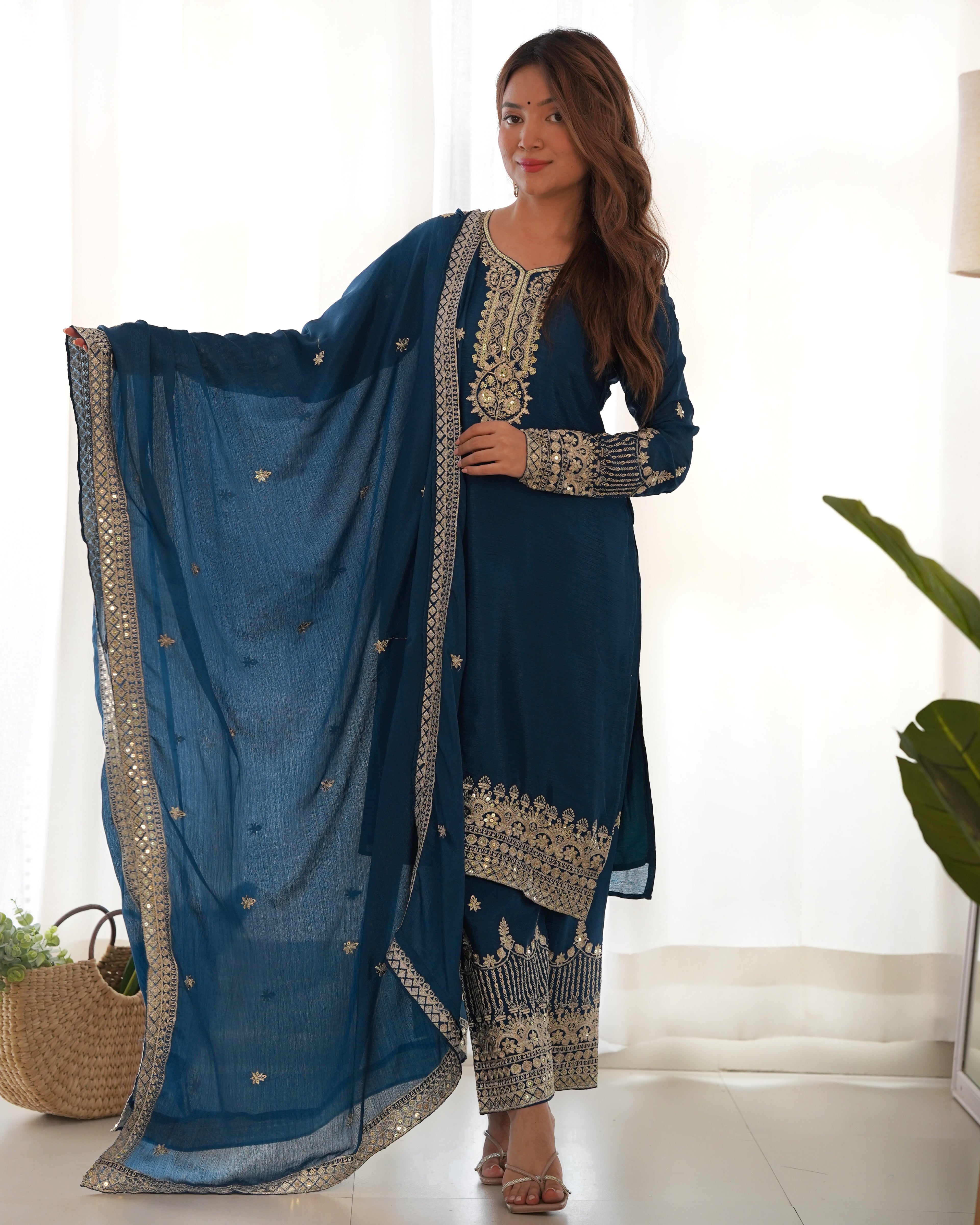 Pure Chinon Silk Embroidered Straight Kurta Set with Trousers and Dupatta