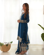 Pure Chinon Silk Embroidered Straight Kurta Set with Trousers and Dupatta