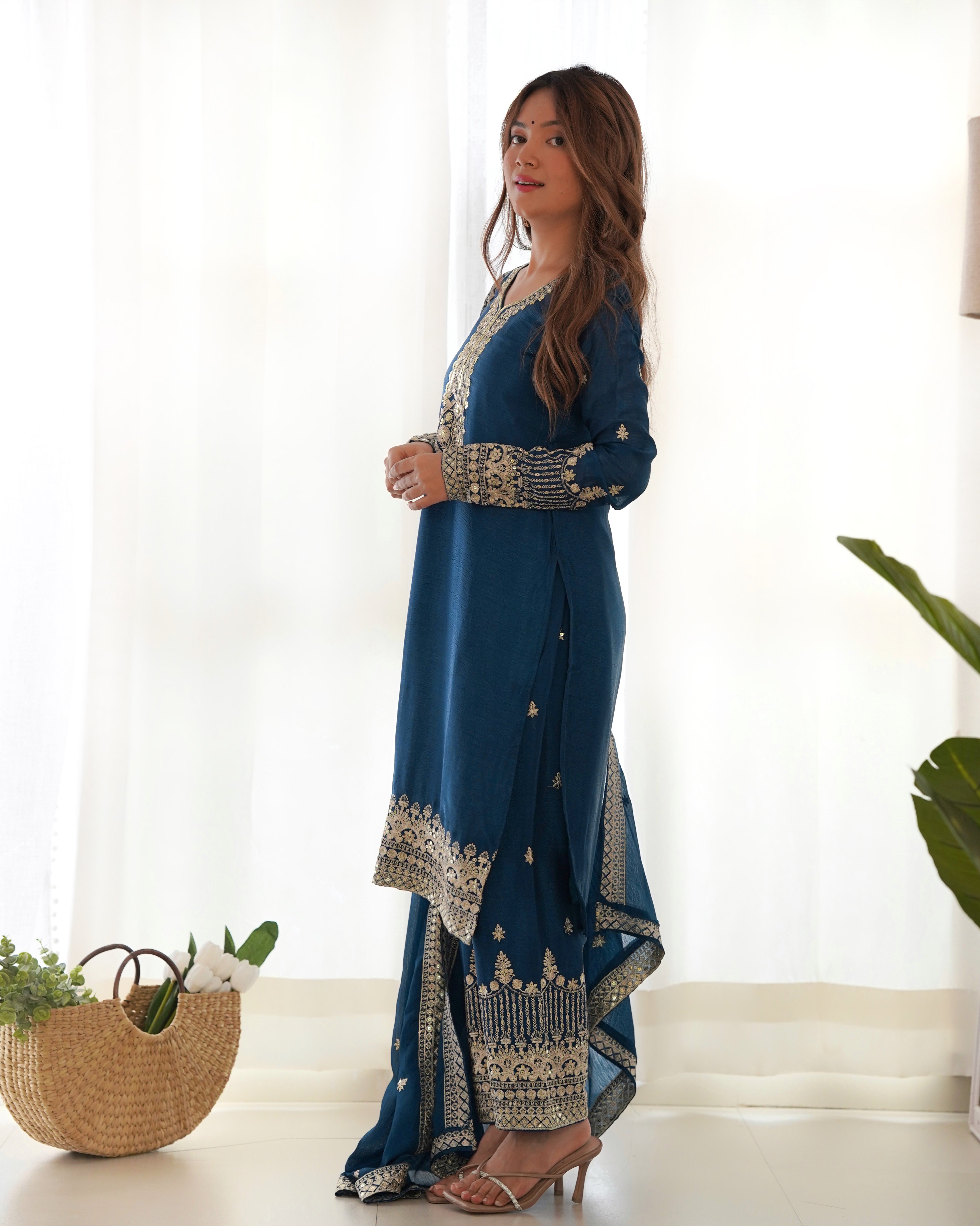 Pure Chinon Silk Embroidered Straight Kurta Set with Trousers and Dupatta