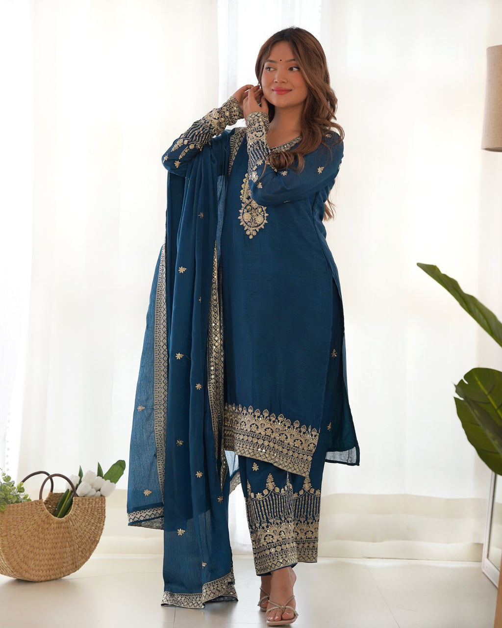 Pure Chinon Silk Embroidered Straight Kurta Set with Trousers and Dupatta