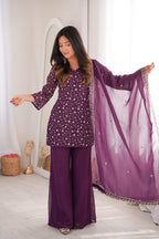 Crunchy Silk Embroidered Kurta Set with Dupatta and Bell Bottom Pant
