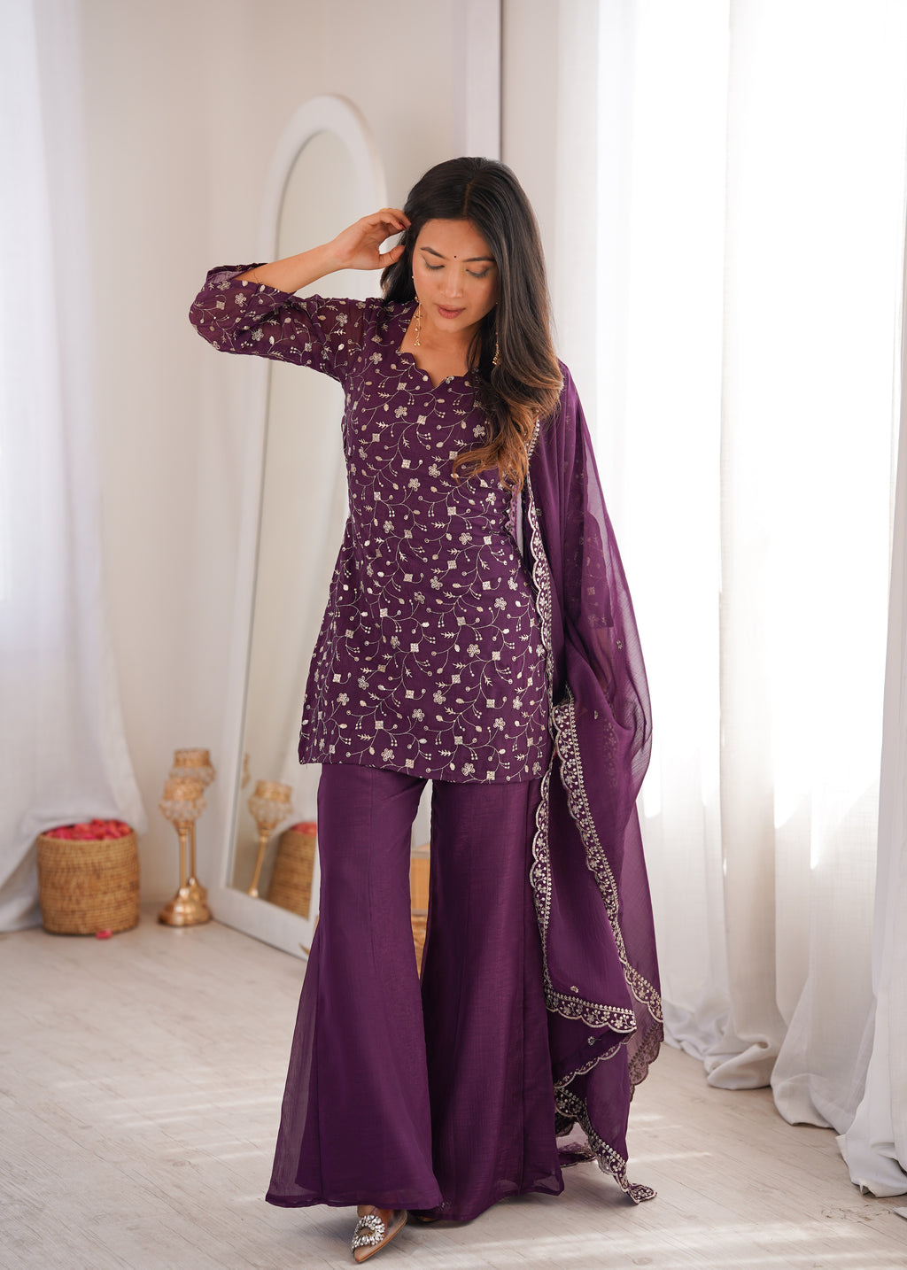Crunchy Silk Embroidered Kurta Set with Dupatta and Bell Bottom Pant