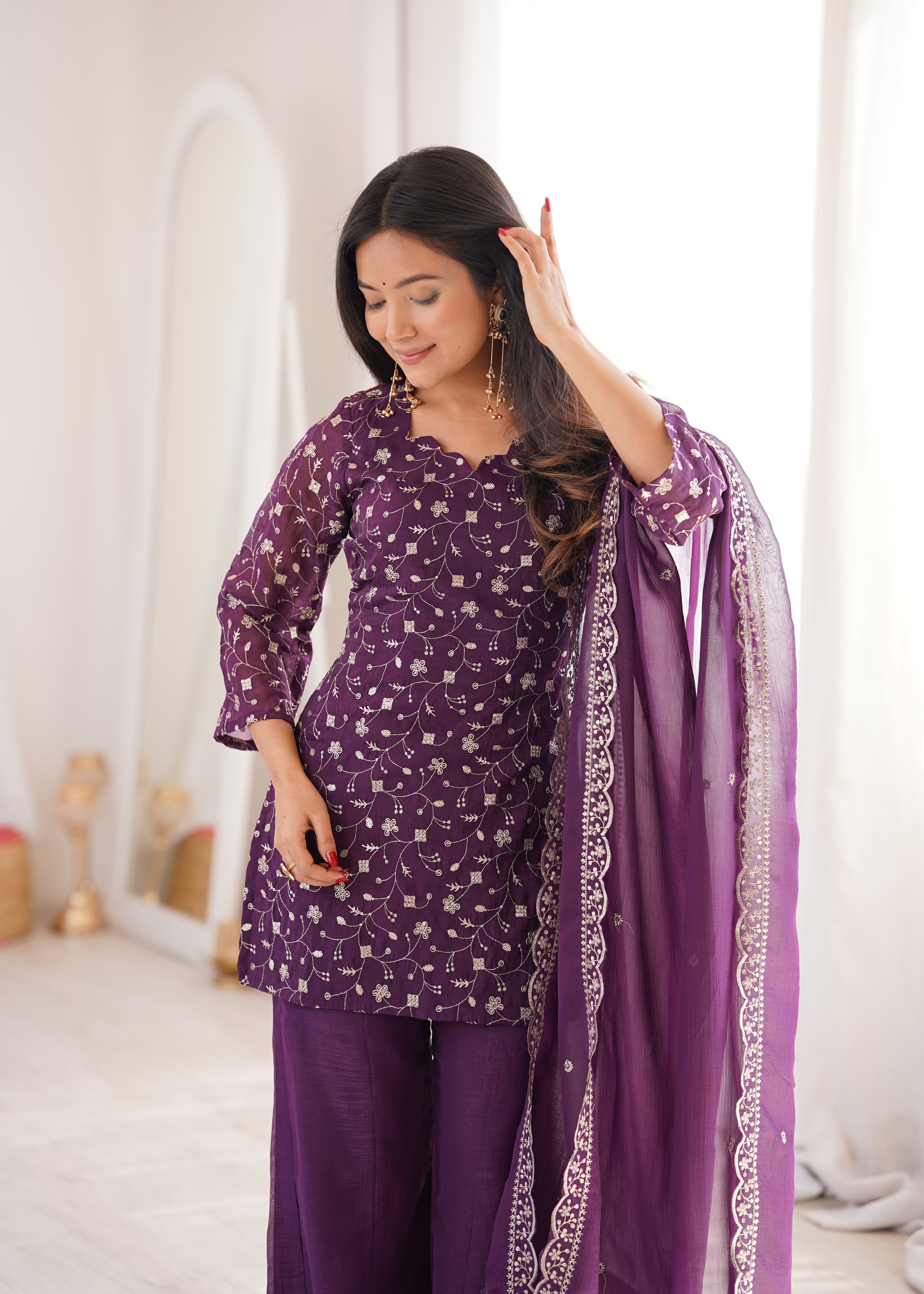 Crunchy Silk Embroidered Kurta Set with Dupatta and Bell Bottom Pant