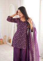 Crunchy Silk Embroidered Kurta Set with Dupatta and Bell Bottom Pant