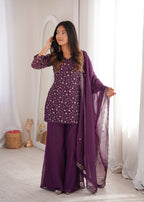 Crunchy Silk Embroidered Kurta Set with Dupatta and Bell Bottom Pant