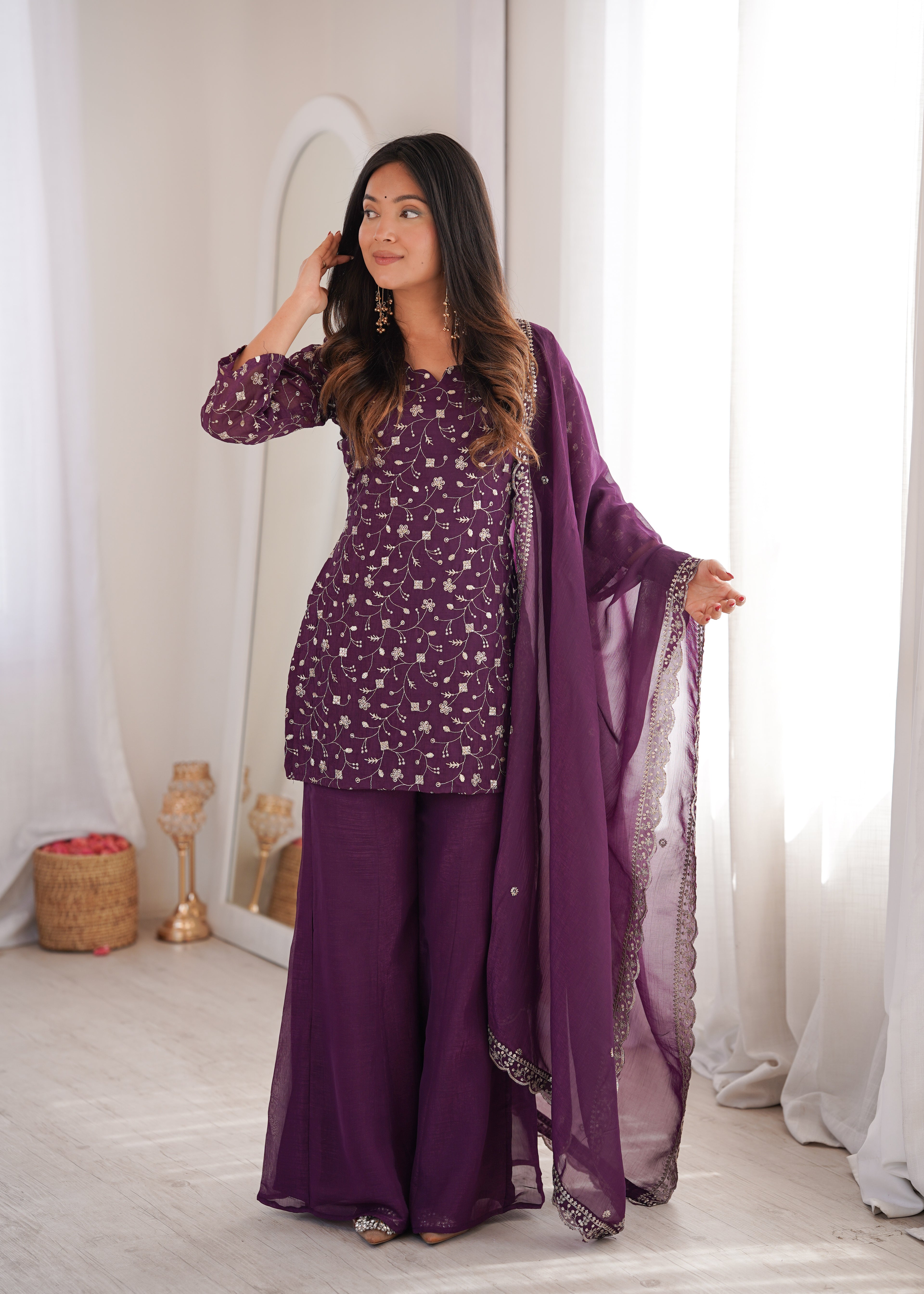 Crunchy Silk Embroidered Kurta Set with Dupatta and Bell Bottom Pant