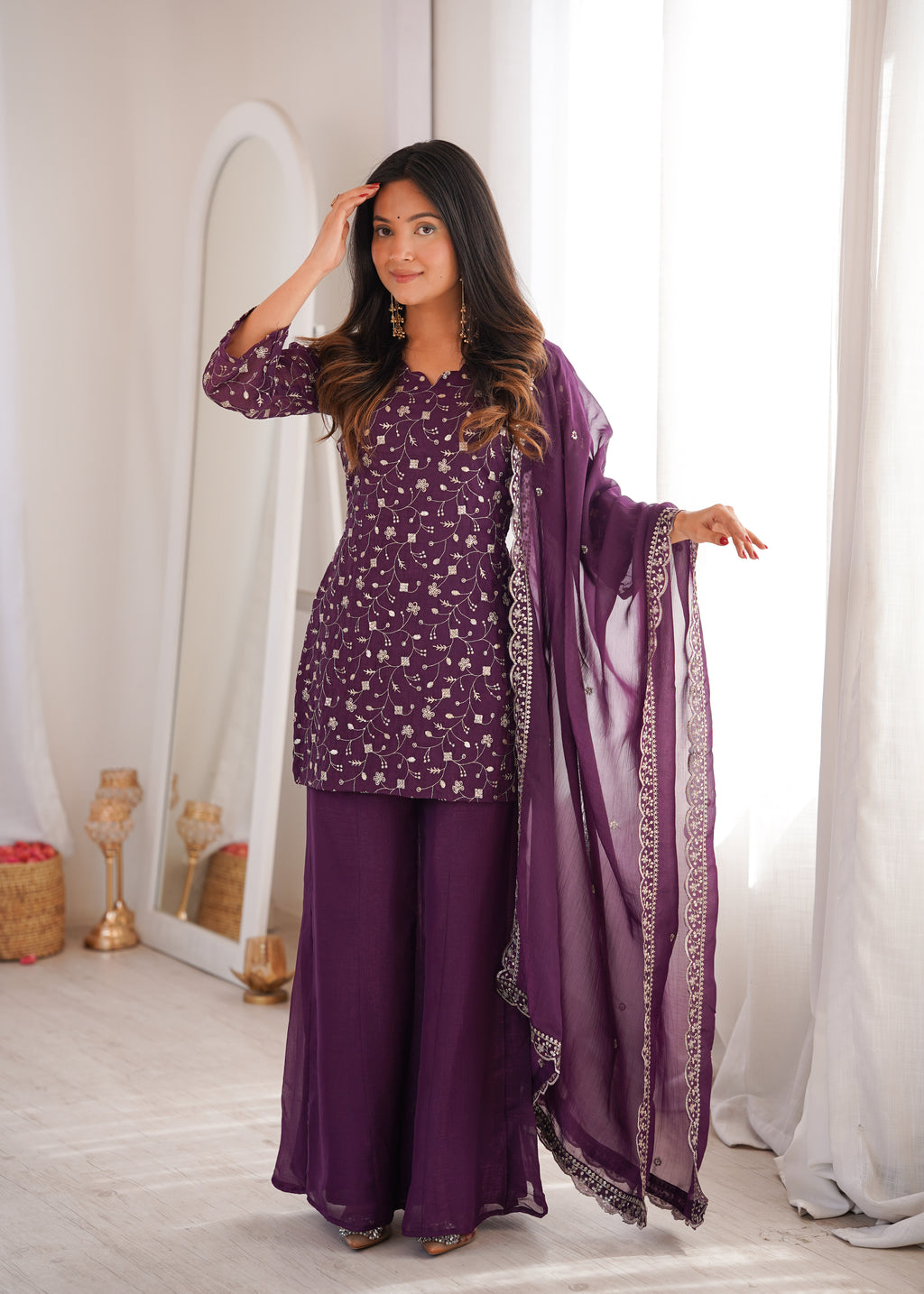 Crunchy Silk Embroidered Kurta Set with Dupatta and Bell Bottom Pant